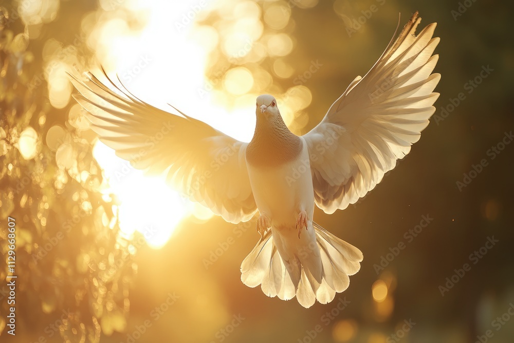 Dove soaring with wings open in front of sun Dove soaring with wings open in front of sun
