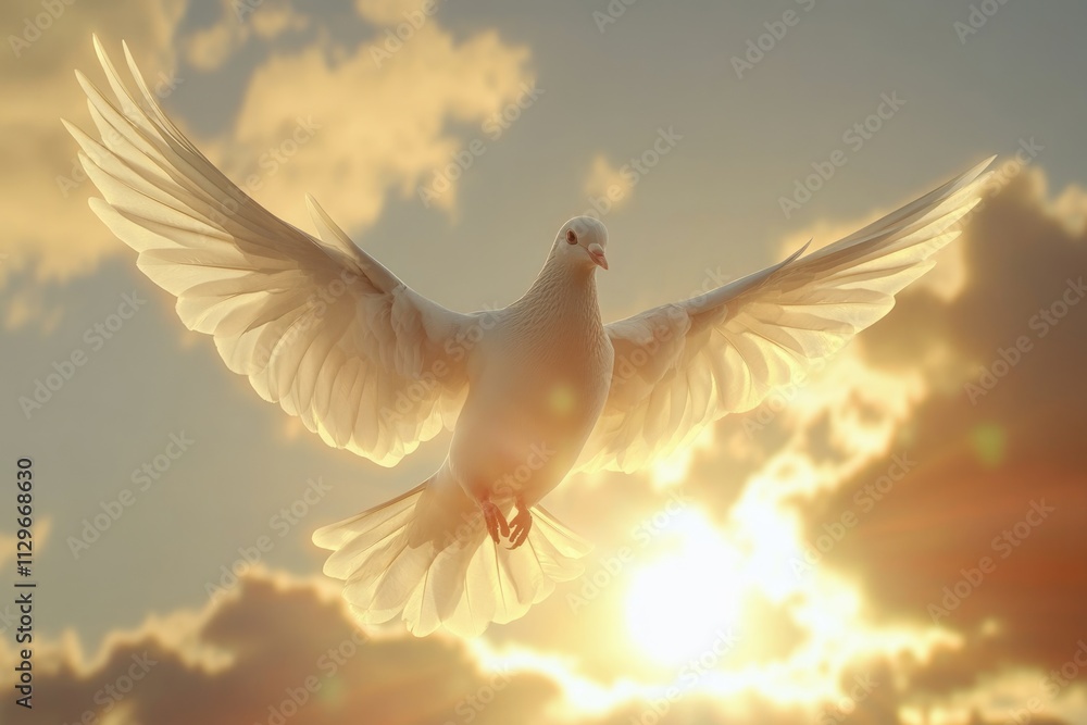 Fototapeta premium Dove soaring with wings open in front of sun
