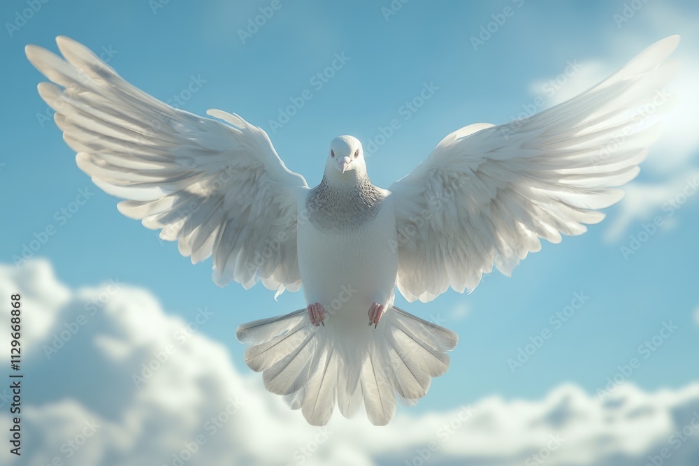 Obraz premium Dove soaring with wings open in the sky.