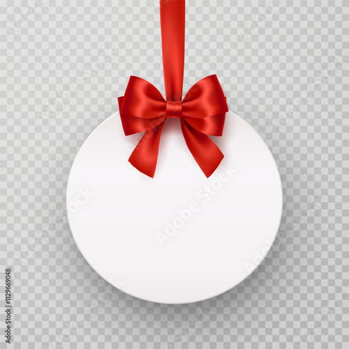 Round paper banner hanging on ribbon and red bow isolated on transparent background. Vector blank circle sticker, label, frame template with transparent shadow