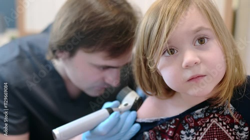 A caring doctor checks moles on the skin of a small child. A dermatologist looks at a rash on the back of a girl using a dermatoscope. Baby with mom at a pediatrician appointment