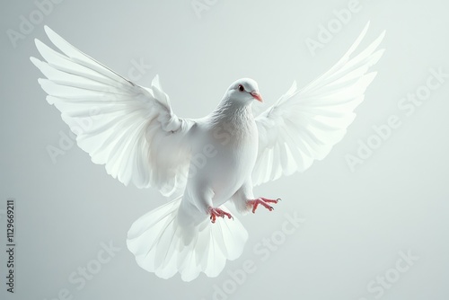 Dove flying with open wings on white background.