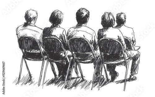 A hand-drawn illustration of an audience sitting in chairs, seen from the side The people have their backs to each other and appear focused on what is being thought or put into writing,


 photo