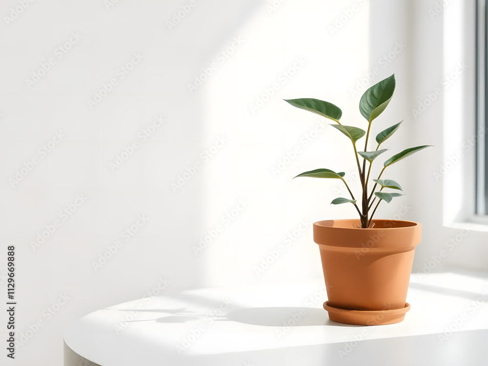 Obraz premium life of a potted plant in a clay pot on a white table under soft natural light