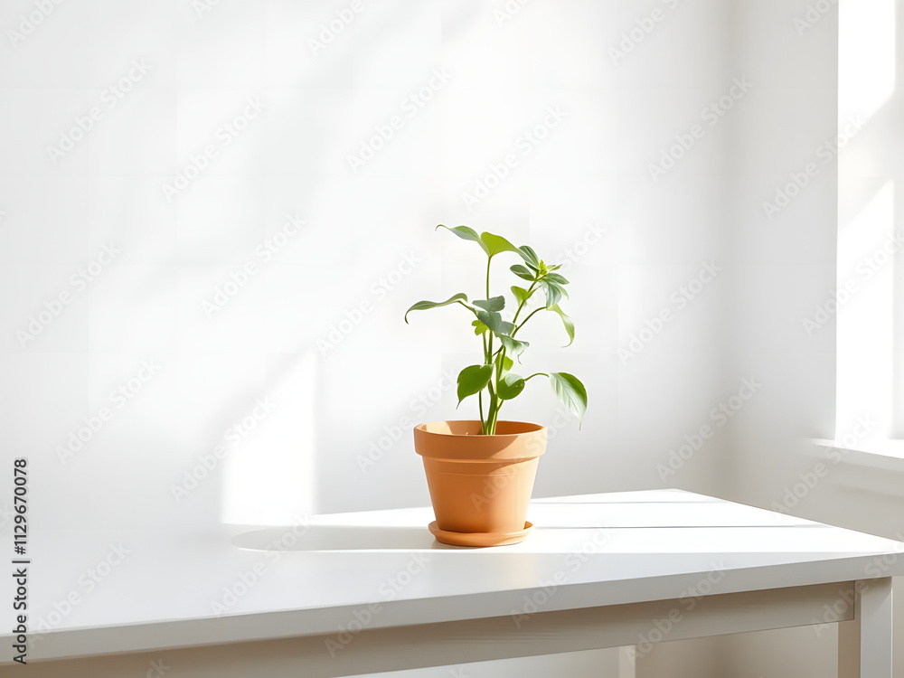 life of a potted plant in a clay pot on a white table under soft natural light life of a potted plant in a clay pot on a white table under soft natural light
