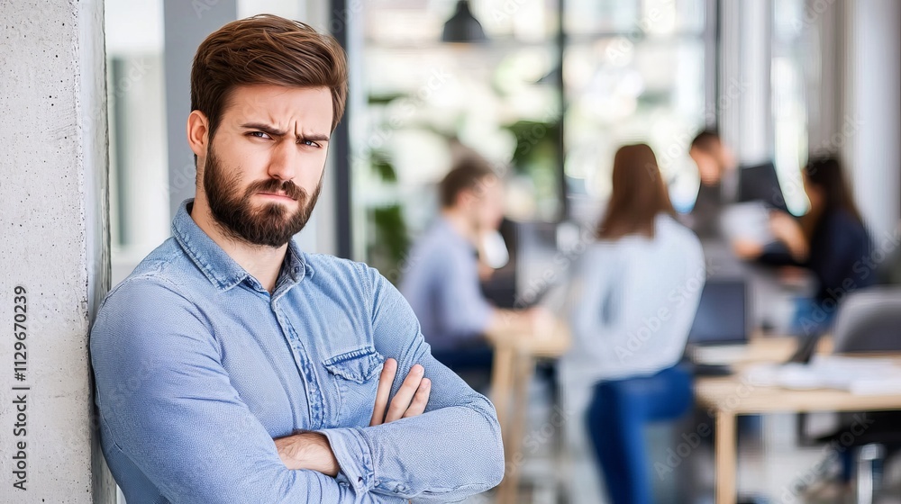A serious Caucasian man with a beard stands in an office, arms crossed, focused on his work atmosphere. A serious Caucasian man with a beard stands in an office, arms crossed, focused on his work atmosphere.