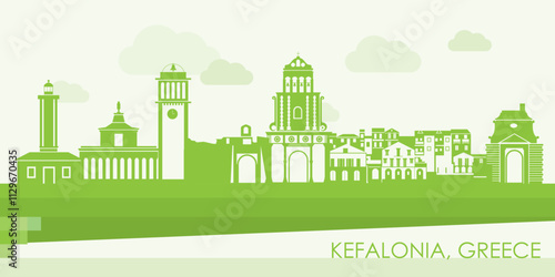 Green Skyline panorama of Kefalonia, Ionnian Islands, Greece - vector illustration