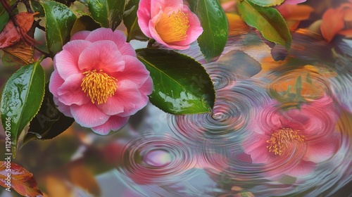 Vibrant Japanese Camellia sasanqua flowers floating in rippling water, surrounded by green leaves, reflecting colorful light patterns, creating a serene and artistic natural scene.