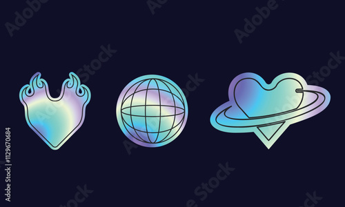 Holographic retro futuristic stickers. Vector illustration with iridescent foil adhesive film with symbols and objects in y2k style. Holographic futuristic labels