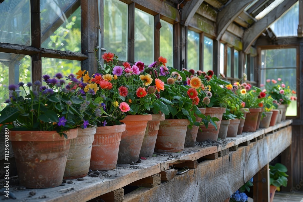 Fototapeta premium Blooms in DIY strawberry pots in greenhouse
