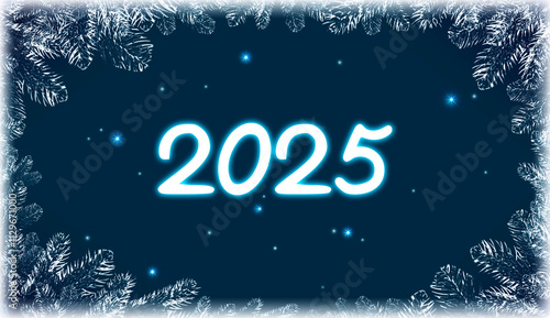 New Year 2025 and pine branches on a blue backdrop.