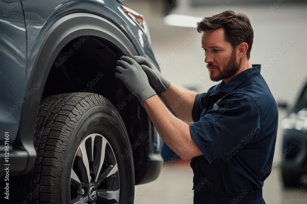A professional mechanic in dark blue overalls is inspecting the tires of an SUV with a gray color, which stands on display at a car service center. A professional mechanic in dark blue overalls is inspecting the tires of an SUV with a gray color, which stands on display at a car service center.