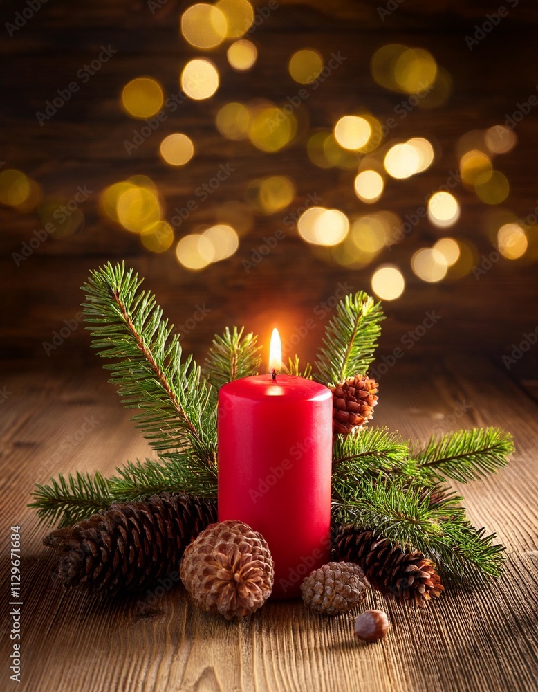 Christmas background - First Advent Sunday - Red Advent candle with natural Xmas decoration, branches and pine cones on rustic wood with magic lights Christmas background - First Advent Sunday - Red Advent candle with natural Xmas decoration, branches and pine cones on rustic wood with magic lights