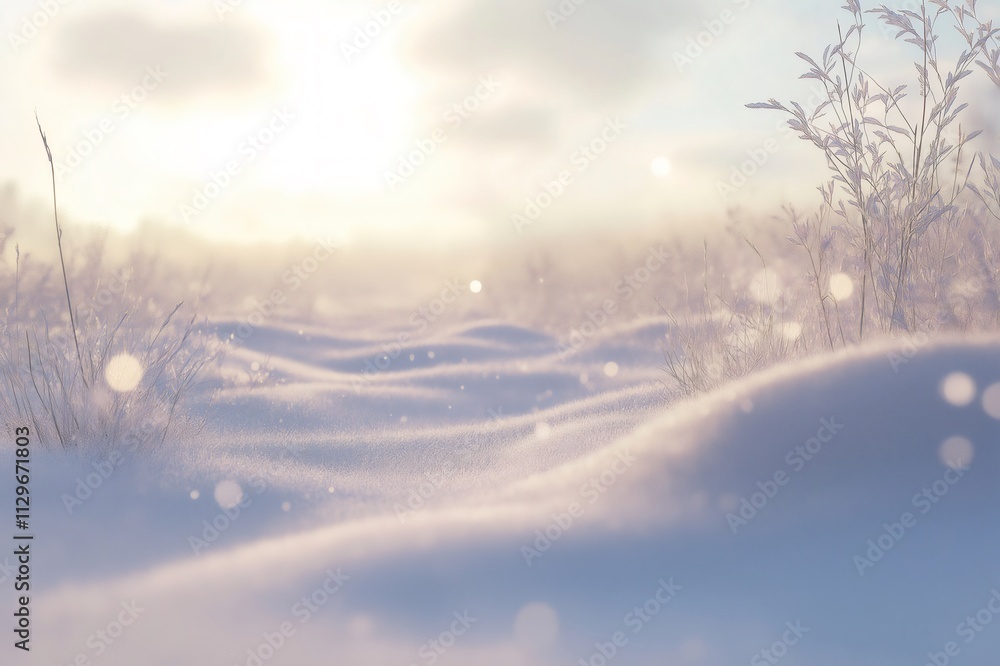Soft snow covering a field at sunset, with dry grass poking through the snowdrifts and bokeh effect Soft snow covering a field at sunset, with dry grass poking through the snowdrifts and bokeh effect