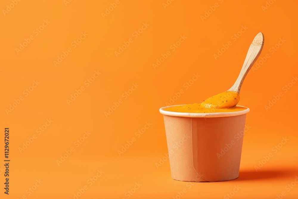 Butternut squash cream soup in paper container with bamboo spoon on orange background for food delivery takeaway Mockup Butternut squash cream soup in paper container with bamboo spoon on orange background for food delivery takeaway Mockup