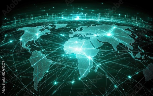 A world map with global connections and digital network lines connecting cities across the globe, representing technology's impact on international trade and connectivity Generative AI