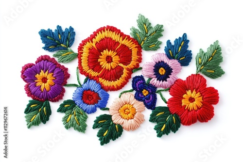 Embroidered flowers on the fabric. Ukrainian folk hand embroidery. On white background. Isolated