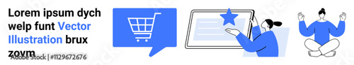 Shopping cart, person rating on tablet, meditating individual. Ideal for e-commerce, online shopping, digital reviews, user experience, wellness, technology, productivity. Landing page