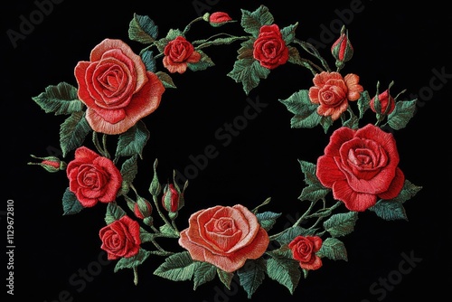Rose wreath embroidery vector for fabric decor on black background.