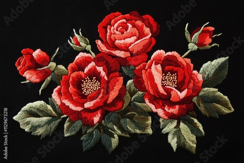 Wallpaper Mural Ukrainian folk cross stitch with red rose flowers on black. Torontodigital.ca