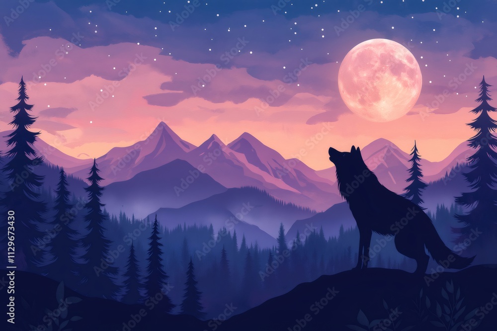 Silhouetted wolf howling at the full moon, set against a stunning twilight mountain landscape filled with serene beauty and tranquility Silhouetted wolf howling at the full moon, set against a stunning twilight mountain landscape filled with serene beauty and tranquility