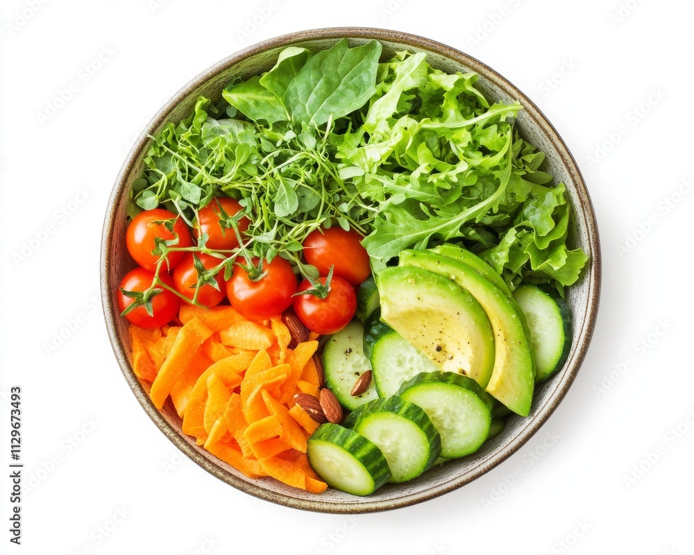Fresh salad bowl featuring vibrant vegetables including cucumbers, tomatoes, and leafy greens. Fresh salad bowl featuring vibrant vegetables including cucumbers, tomatoes, and leafy greens.