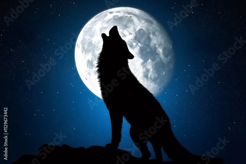 Silhouette of wolf howling at full moon in a starry night, creating a dramatic and evocative scene photo