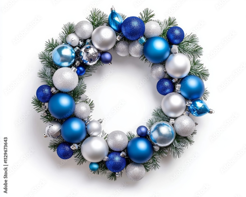 A festive Christmas wreath adorned with blue and silver ornaments, showcasing festive cheer and seasonal elegance. A festive Christmas wreath adorned with blue and silver ornaments, showcasing festive cheer and seasonal elegance.