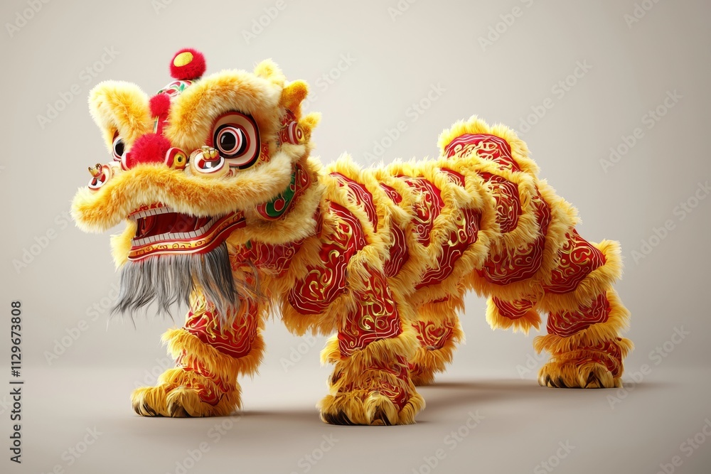 A vibrant lion dance costume in bright yellow and red, intricately designed and ready for celebration. A vibrant lion dance costume in bright yellow and red, intricately designed and ready for celebration.