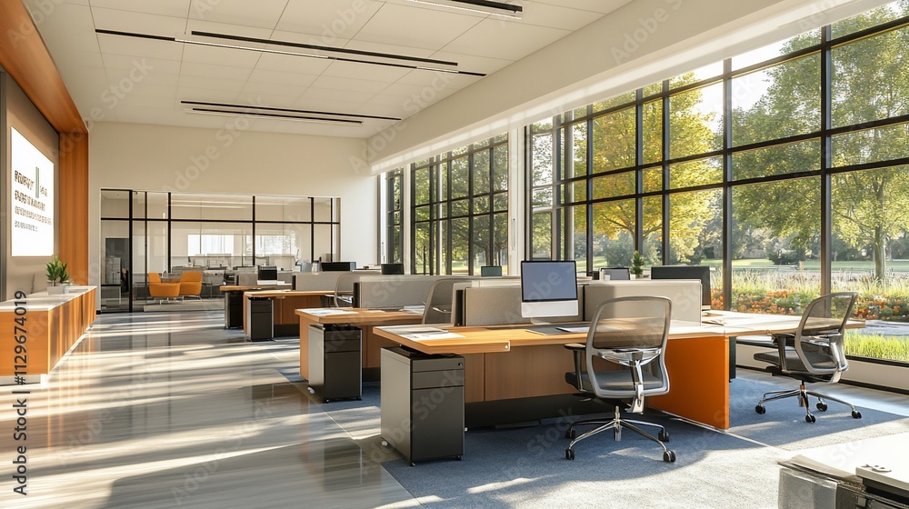 Sunlit modern office with desks, computers, and large windows overlooking a park. Sunlit modern office with desks, computers, and large windows overlooking a park.