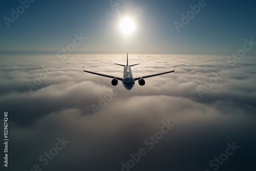 Airplane flying above clouds with the sun in the background.