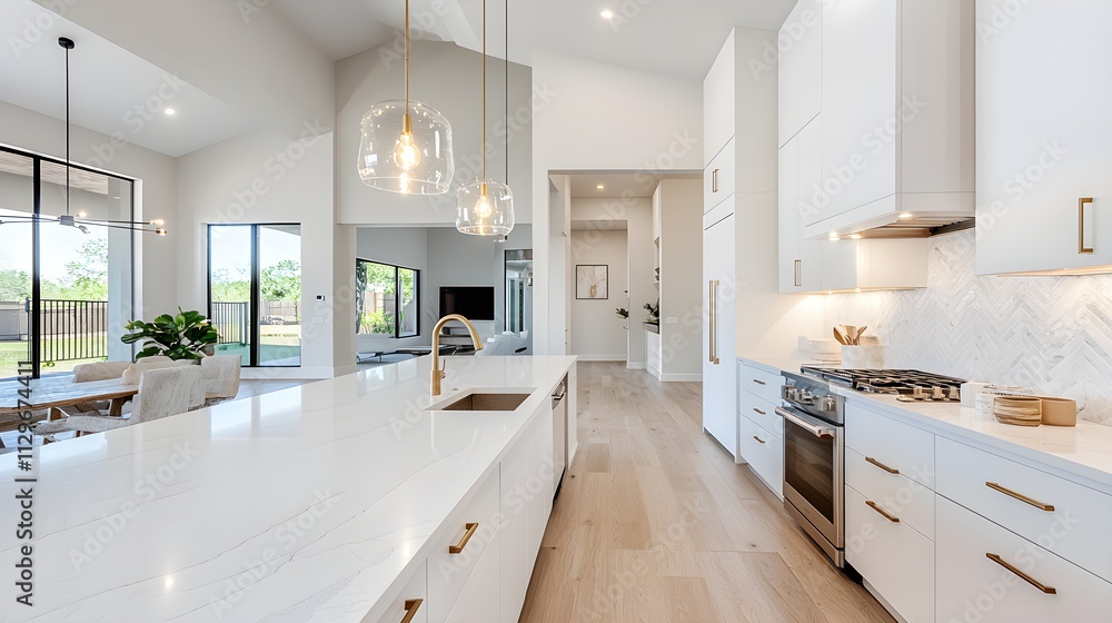 Bright, open kitchen and dining space with modern farmhouse vibe, neutral tones, natural wood, white marble counters, and designer lighting Bright, open kitchen and dining space with modern farmhouse vibe, neutral tones, natural wood, white marble counters, and designer lighting