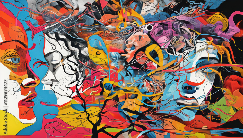 Fototapeta premium vibrant collage of disjointed human faces merged with chaotic abstract shapes and lines, representing complexity of human emotions and connections