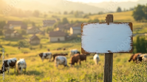 Blank sign stands before grazing cattle in countryside field at sunset photo