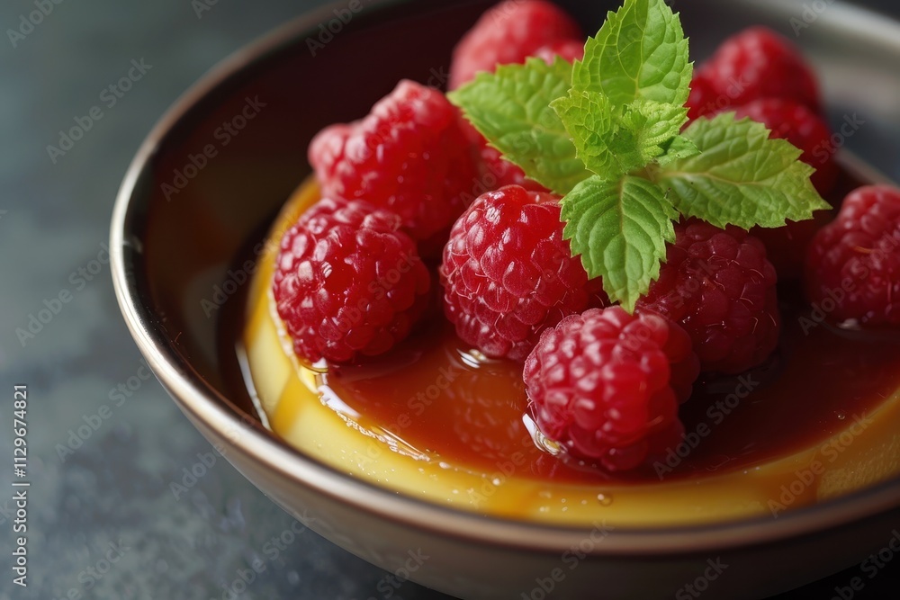 Caramel dessert with raspberries Caramel dessert with raspberries