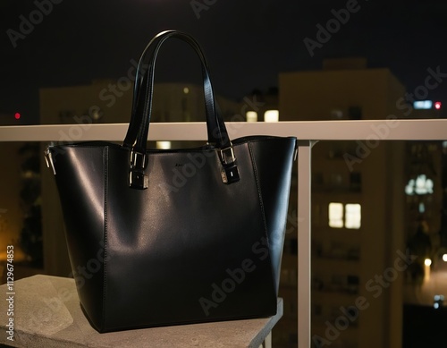 A sleek black leather handbag elegantly displayed at night on a balcony. photo