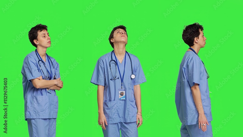 Impatient nurse acting frustrated while she waits for patients at clinic, standing against greenscreen backdrop. Worried nurse with blue scrubs waiting for people to arrive at checkup. Camera B. Impatient nurse acting frustrated while she waits for patients at clinic, standing against greenscreen backdrop. Worried nurse with blue scrubs waiting for people to arrive at checkup. Camera B.
