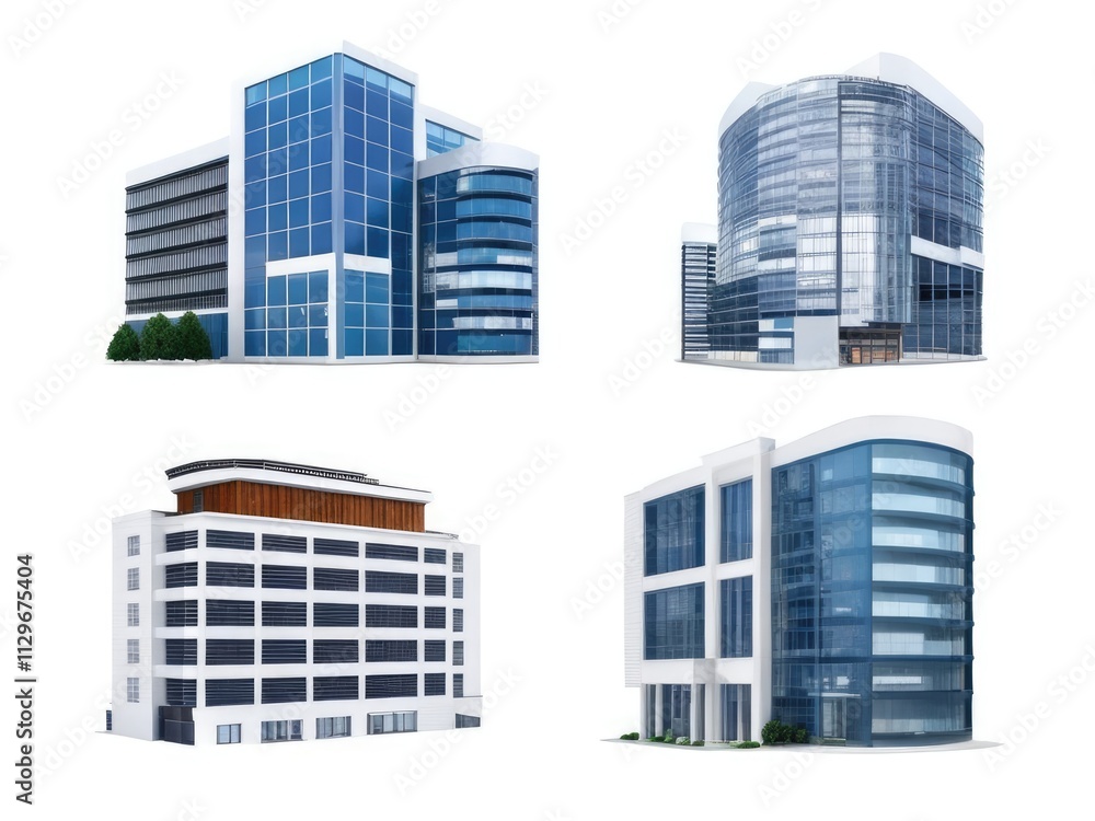 Different styles of modern buildings isolated on white background, high rise buildings. Different styles of modern buildings isolated on white background, high rise buildings.