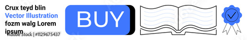 Blue BUY button, open book icon, and quality badge with check mark. Ideal for e-commerce, education, certifications, online shopping, digital products, book sales, website design. Landing page