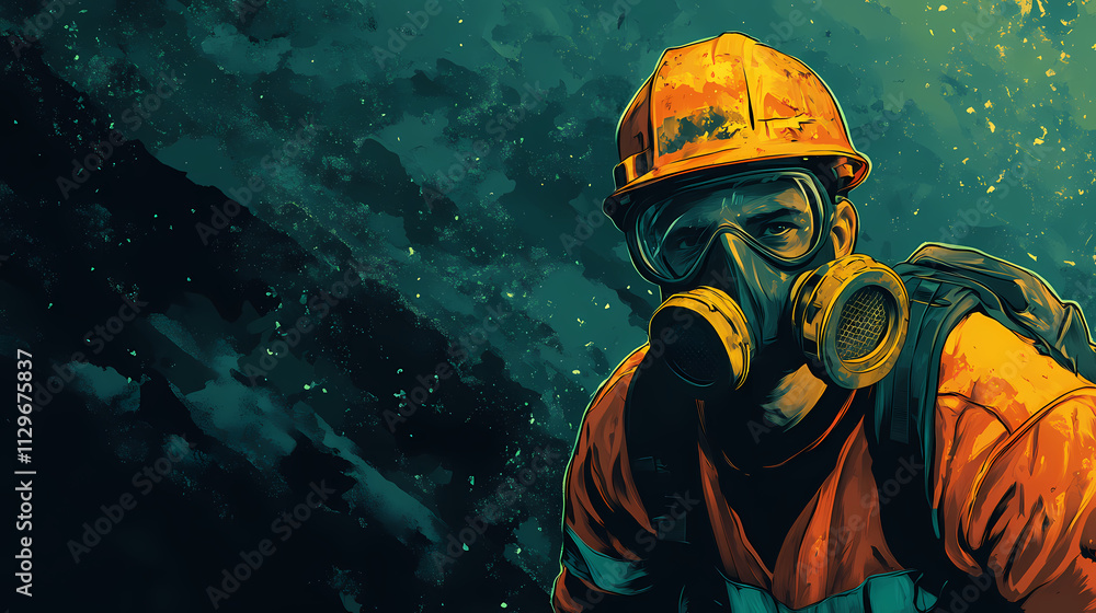 Obraz premium A construction worker wears a respirator and safety goggles while working in a dusty environment. Erosion. Illustration