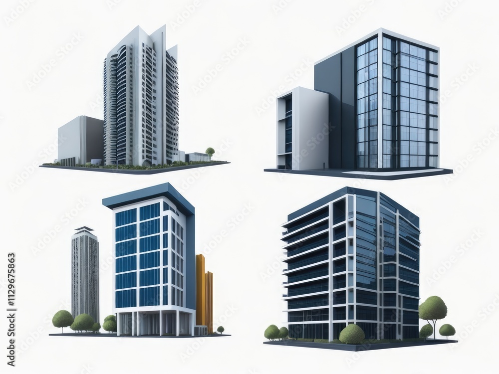 Different styles of modern buildings isolated on white background, high rise buildings. Different styles of modern buildings isolated on white background, high rise buildings.