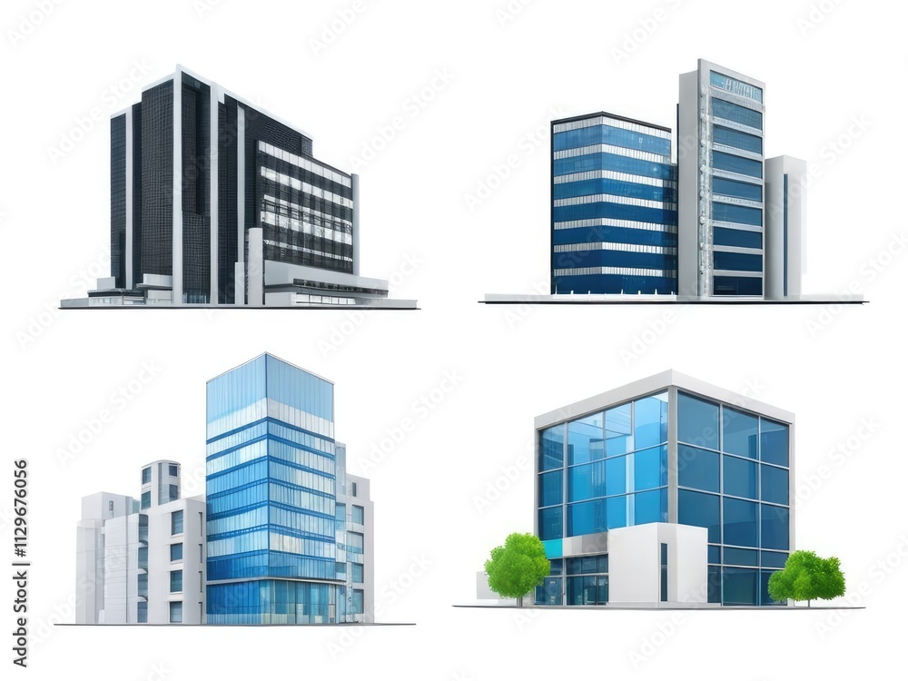 Different styles of modern buildings isolated on white background, high rise buildings. Different styles of modern buildings isolated on white background, high rise buildings.