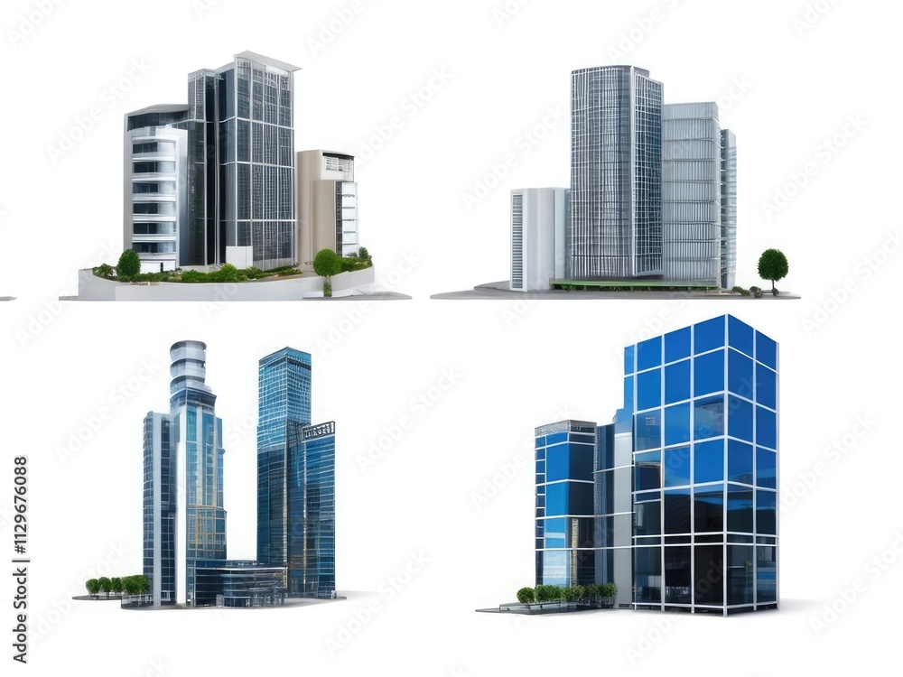 Different styles of modern buildings isolated on white background, high rise buildings. Different styles of modern buildings isolated on white background, high rise buildings.