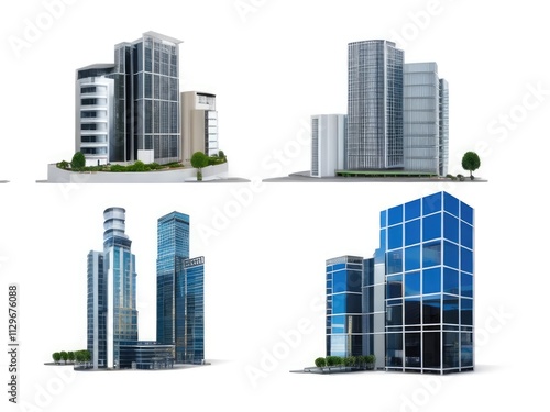 Different styles of modern buildings isolated on white background, high rise buildings.