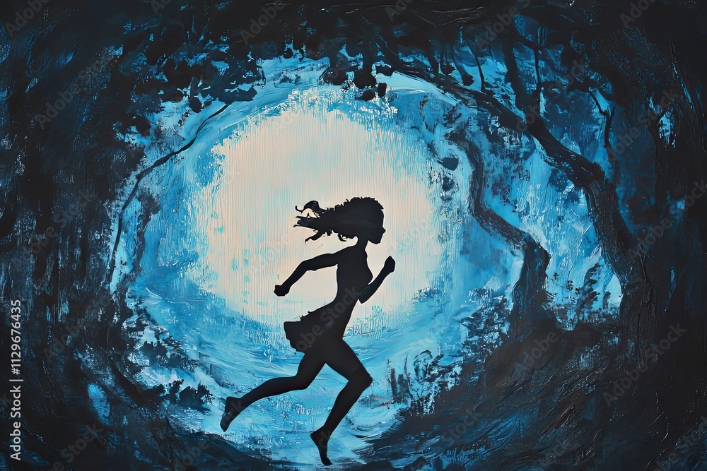 Fototapeta premium Running girl silhouette escapes into a mystical blue forest at twilight. Generative AI