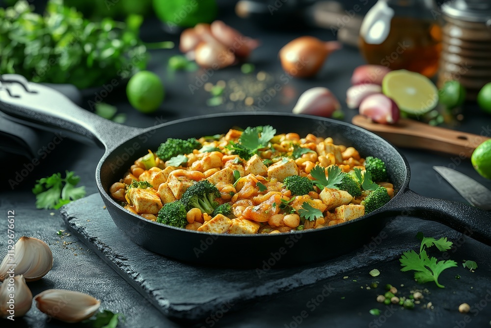 A vibrant stir-fry featuring chicken, broccoli, and chickpeas, garnished with fresh herbs in a cast iron skillet. A vibrant stir-fry featuring chicken, broccoli, and chickpeas, garnished with fresh herbs in a cast iron skillet.