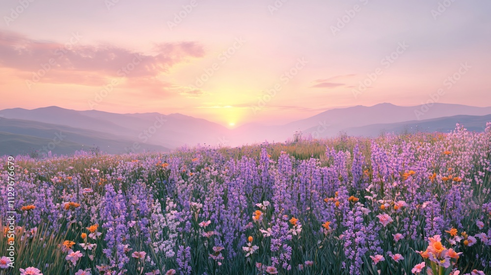 Naklejka premium Vibrant sunset over a field of wildflowers in mountainous terrain.