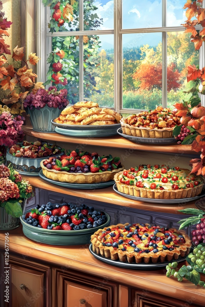 A cozy kitchen display featuring an array of colorful fruit tarts and pies, exuding autumn warmth. A cozy kitchen display featuring an array of colorful fruit tarts and pies, exuding autumn warmth.