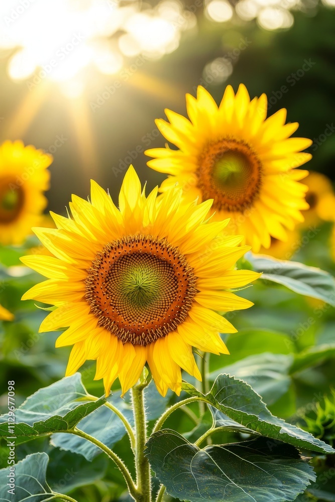 Fototapeta premium Vibrant sunflowers basking in the warm sunlight, showcasing their bright yellow petals and intricate centers.