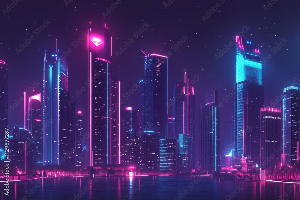 A vibrant, futuristic city skyline illuminated by neon pink and blue lights, creating a surreal atmosphere at night. A vibrant, futuristic city skyline illuminated by neon pink and blue lights, creating a surreal atmosphere at night.